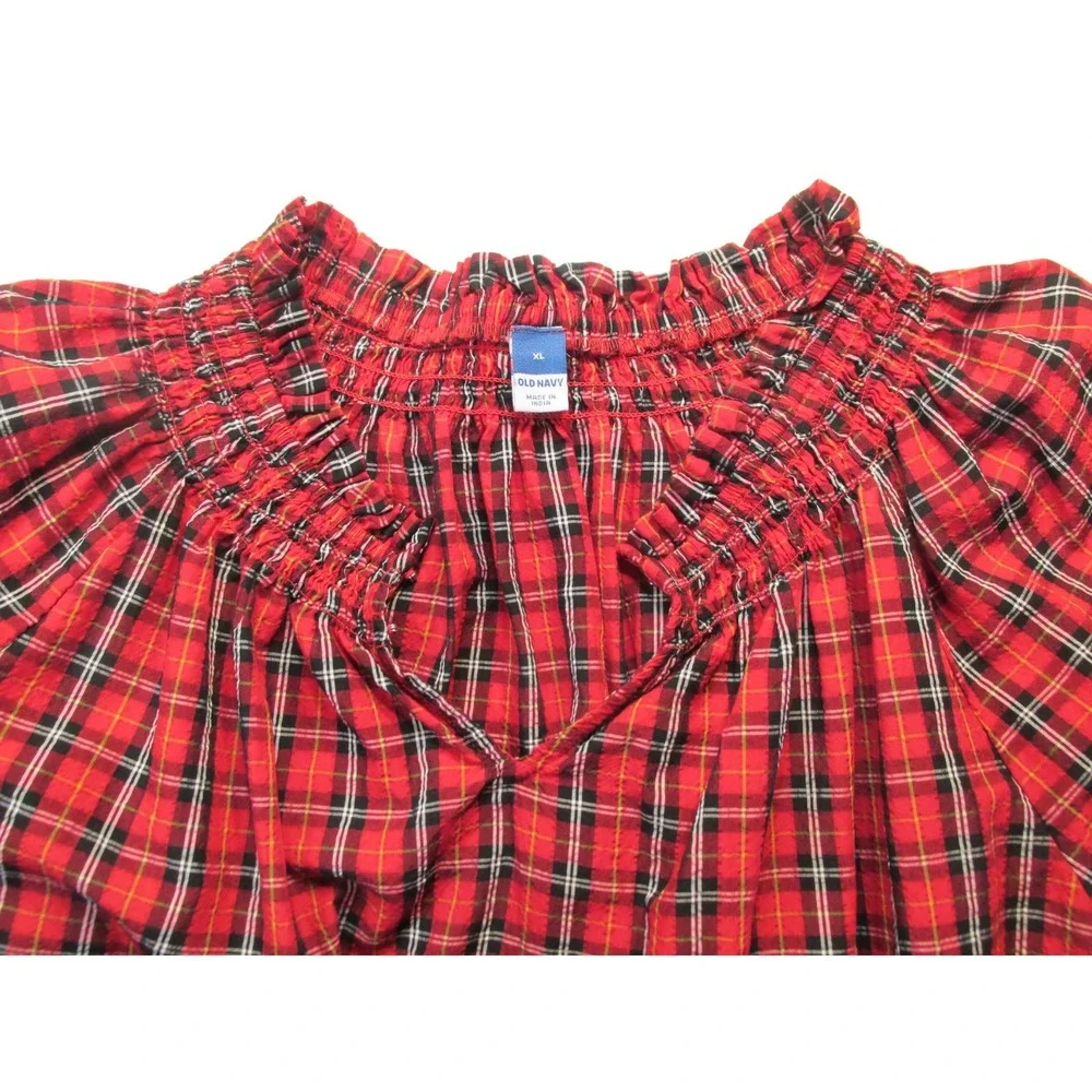 Old Navy Women XL Red Plaid Peasant Top Puff Sleeve Smocked Modal Blouse